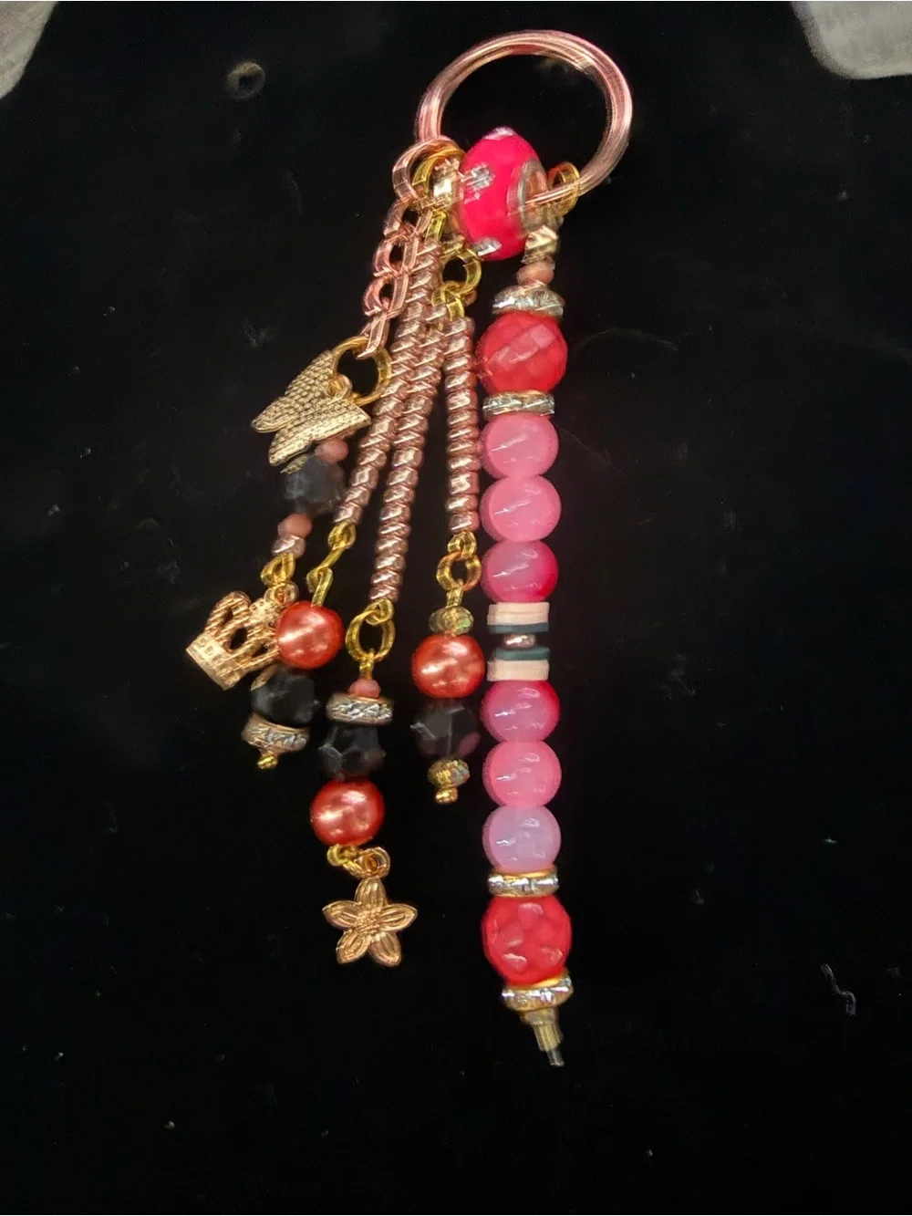 Beaded Pink & Red Charm Keychain / Bag Bling with Gold Accents